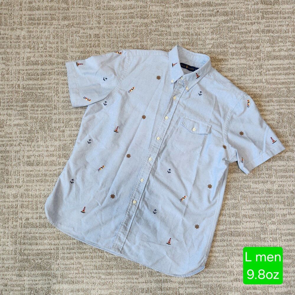 Ralph Lauren mens Embroidered Oxford Oxford Shirt Short Sleeve Blue Size L